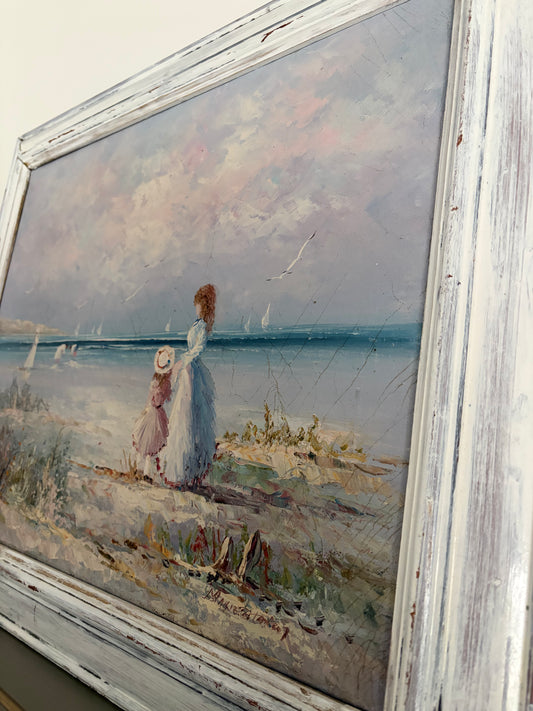 Sunlit Shoreline (c. late 20th century) Decorative Impressionistic Seascape in Distressed White Frame