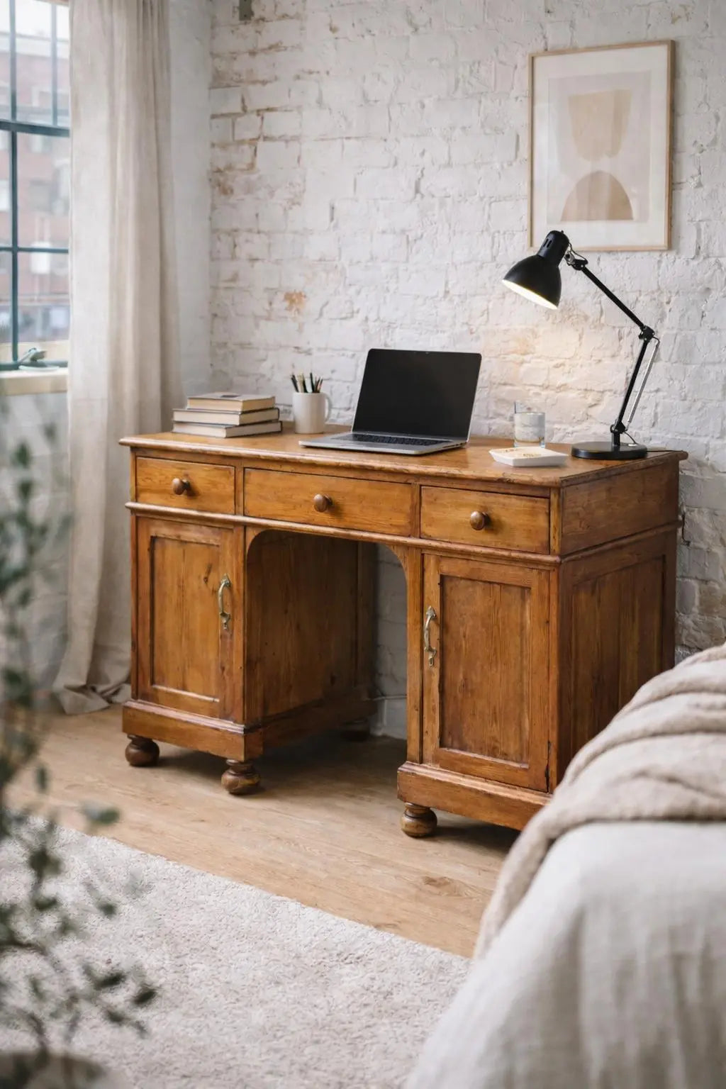 Antique Pine Pedestal Desk Dressing Table with Cupboards & Drawers