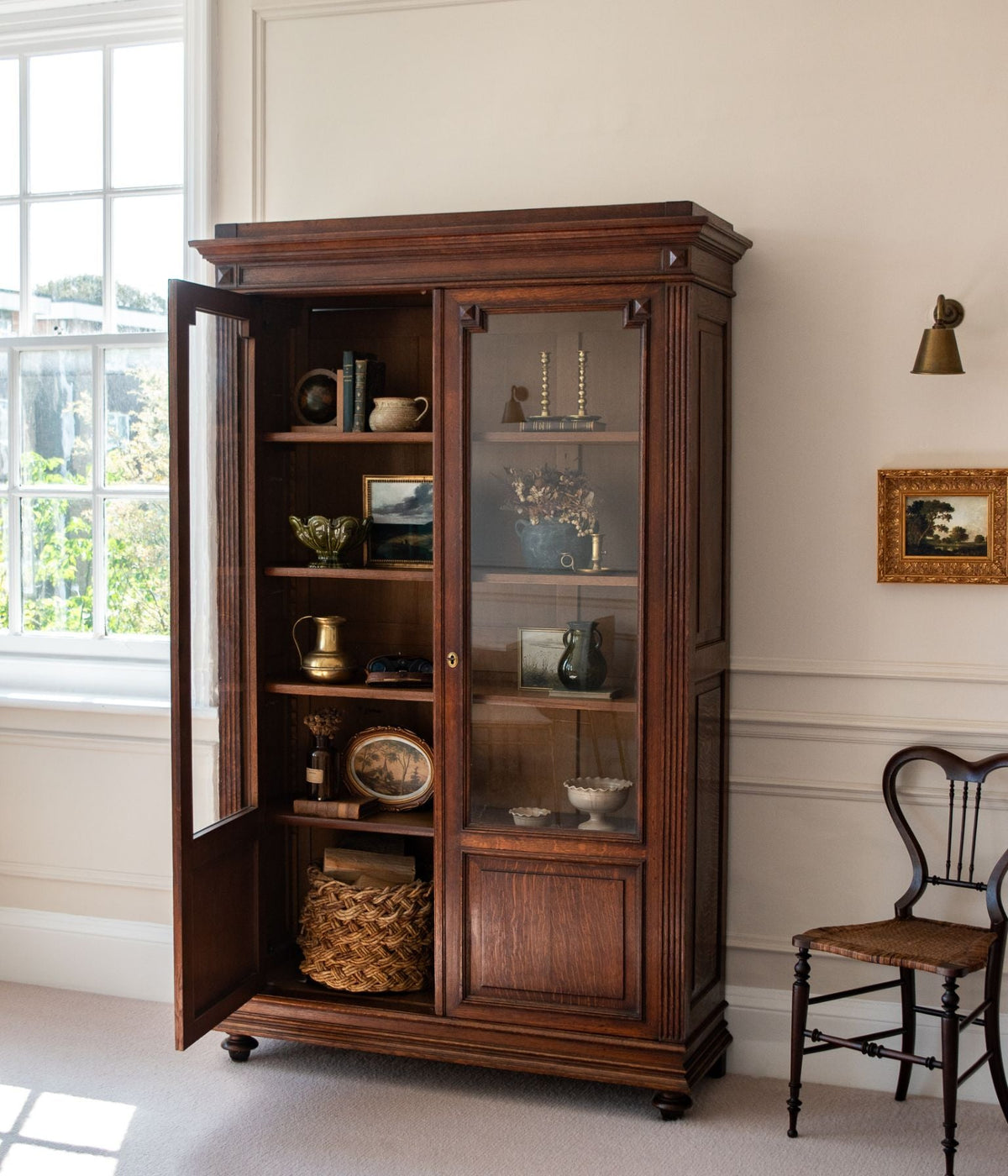 Late-19th Century Oak Glazed Armoire with Reeded Pilasters