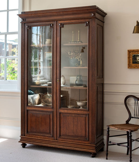 Late-19th Century Oak Glazed Armoire with Reeded Pilasters