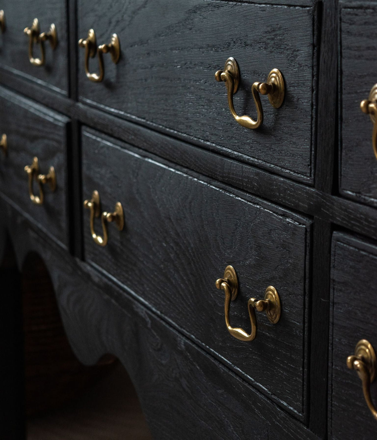 Antique Solid Oak Scalloped Credenza, Ebonised