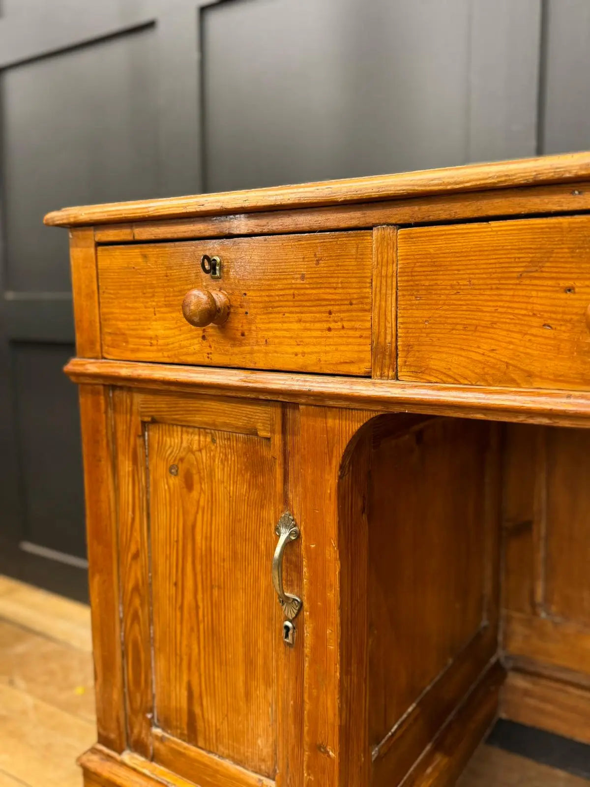 Antique Pine Pedestal Desk Dressing Table with Cupboards & Drawers