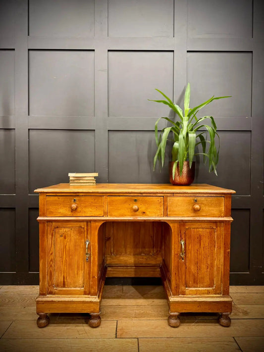 Antique Pine Pedestal Desk Dressing Table with Cupboards & Drawers
