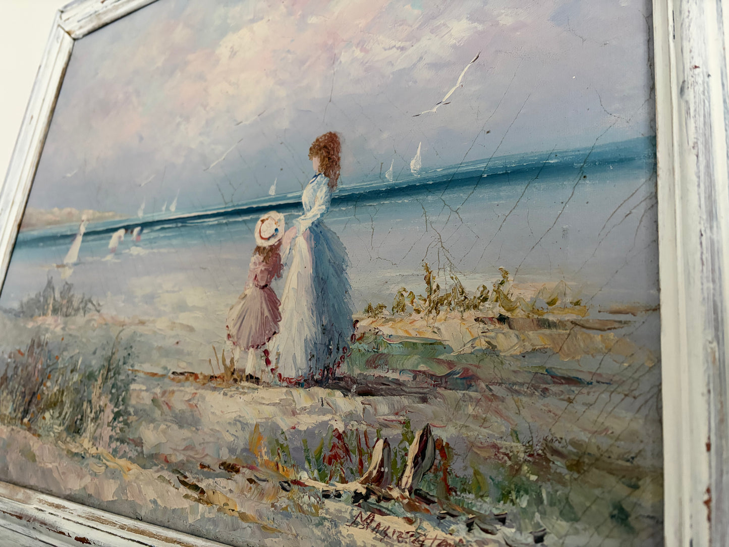 Sunlit Shoreline (c. late 20th century) Decorative Impressionistic Seascape in Distressed White Frame