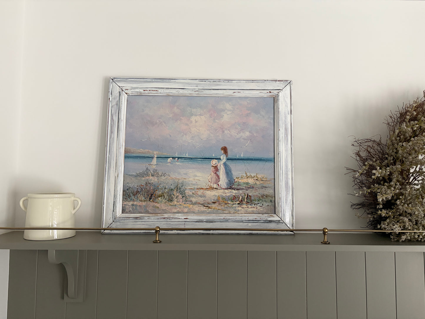 Sunlit Shoreline (c. late 20th century) Decorative Impressionistic Seascape in Distressed White Frame