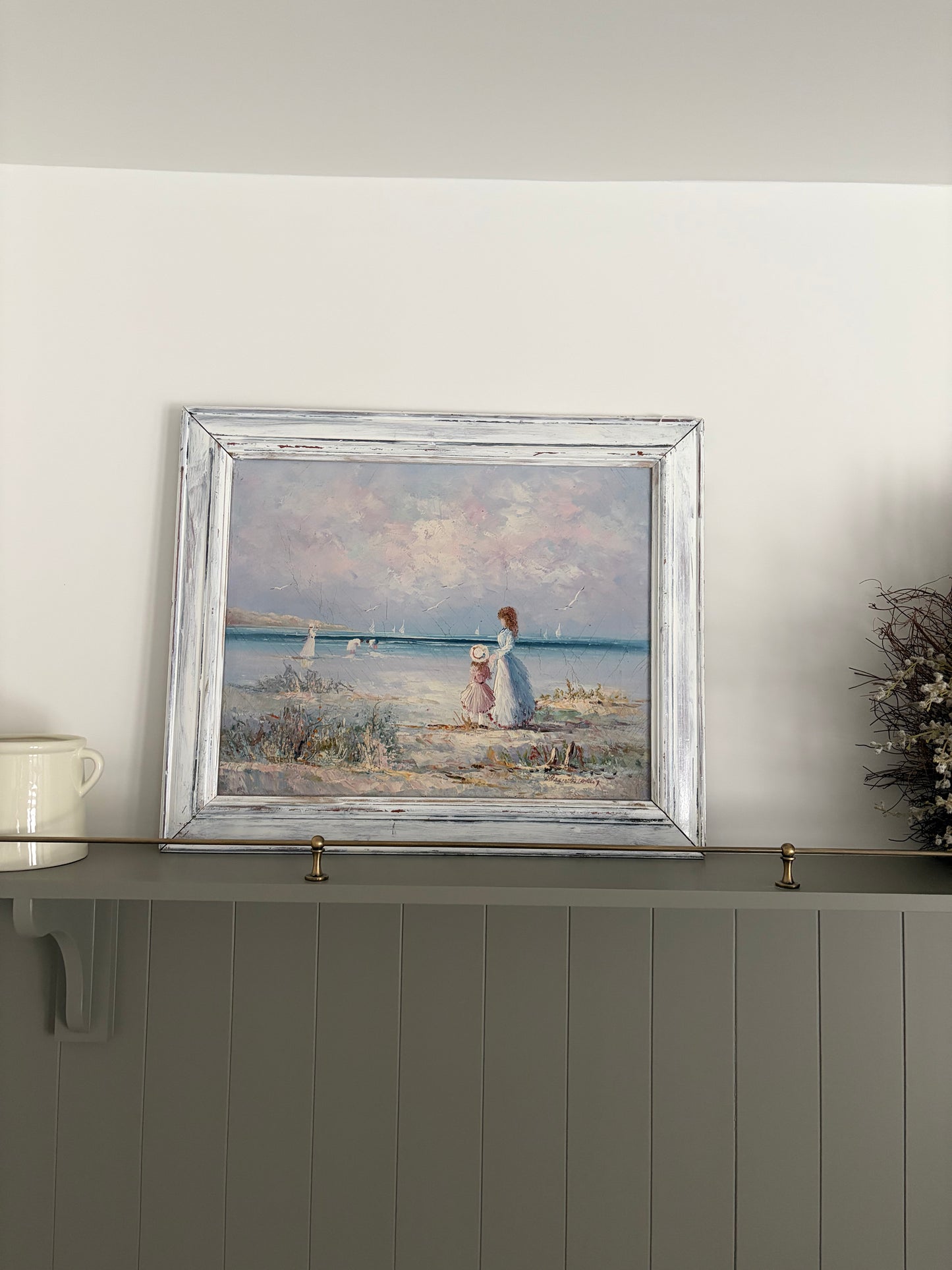 Sunlit Shoreline (c. late 20th century) Decorative Impressionistic Seascape in Distressed White Frame