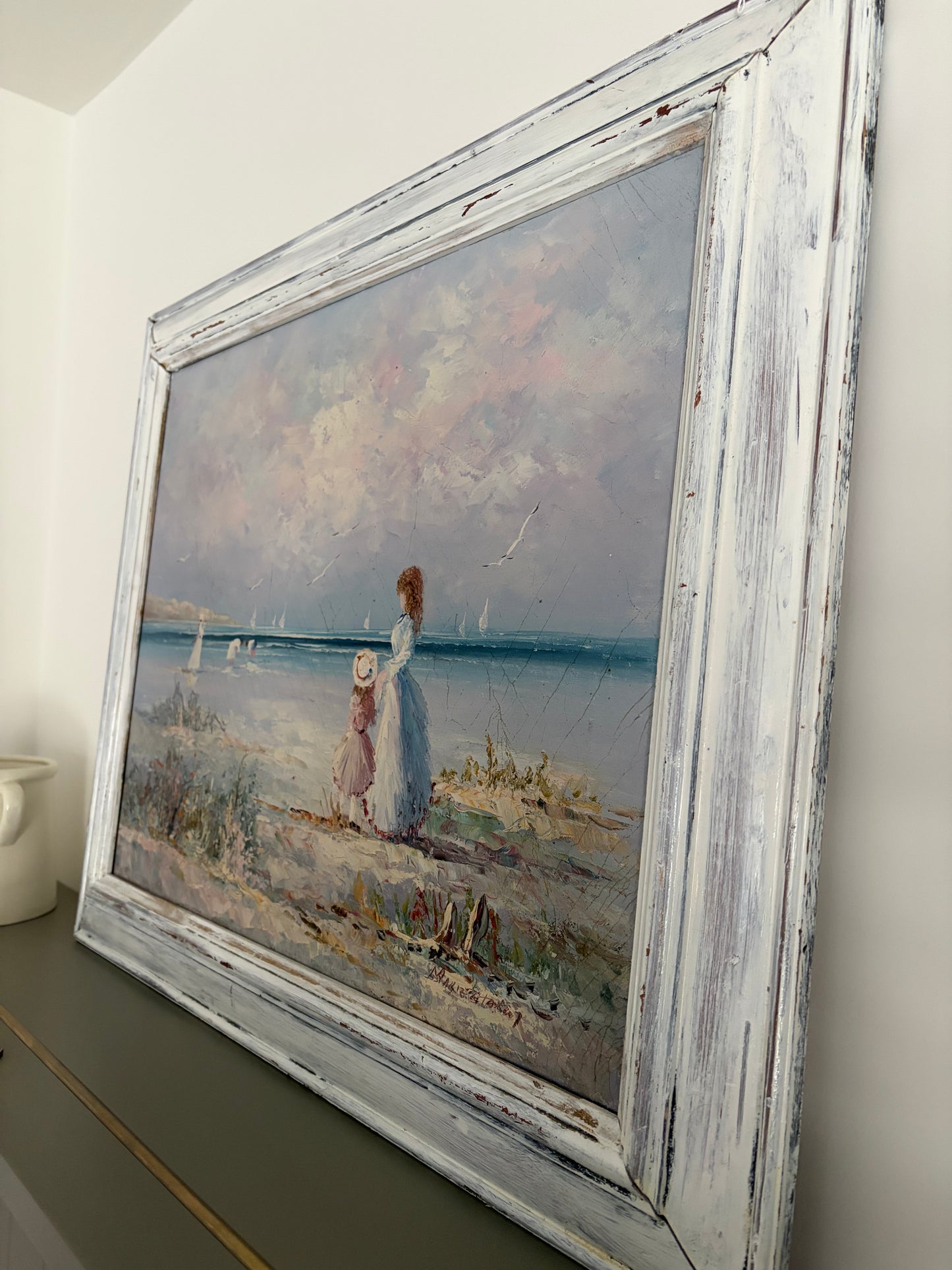 Sunlit Shoreline (c. late 20th century) Decorative Impressionistic Seascape in Distressed White Frame