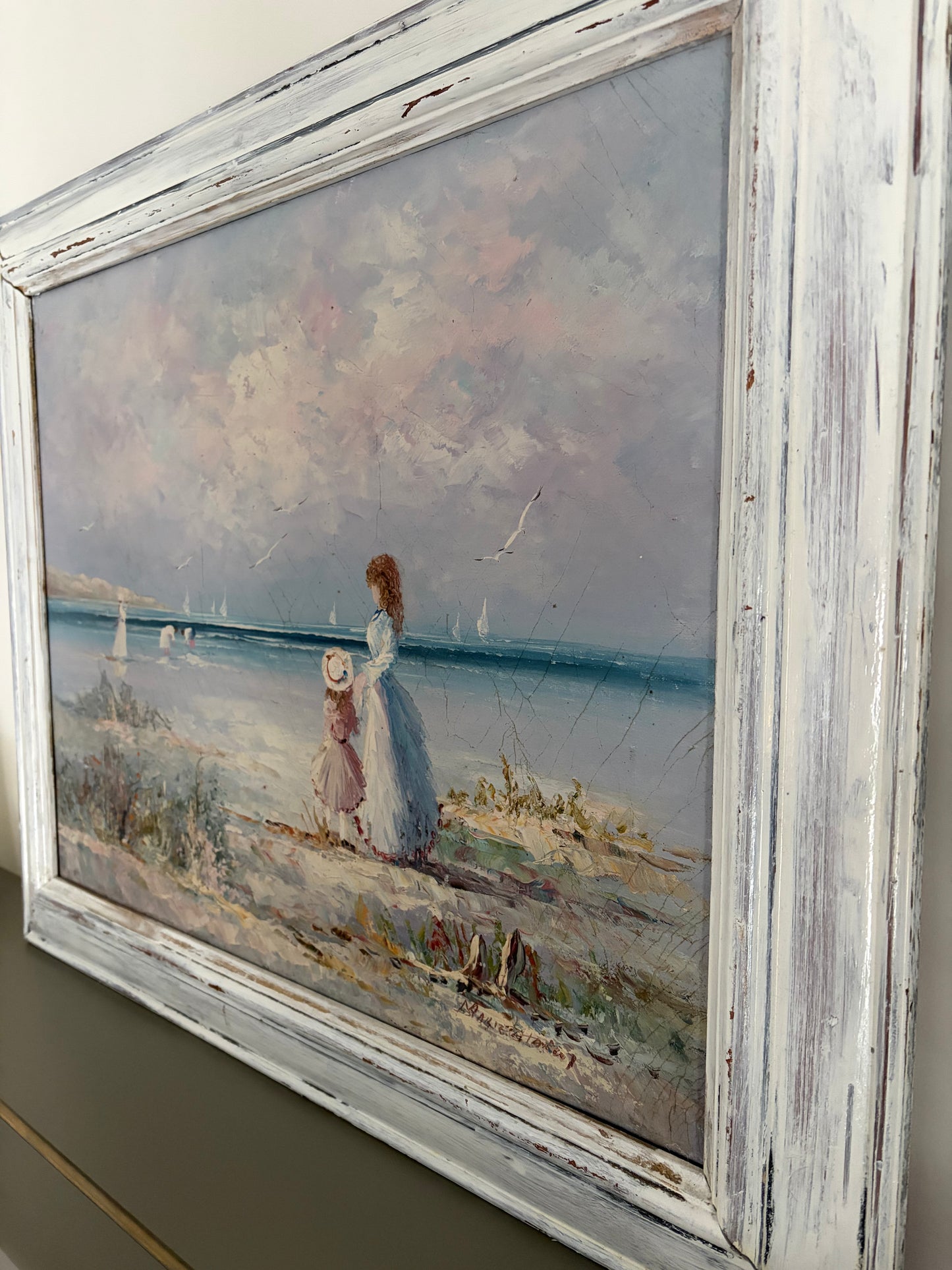 Sunlit Shoreline (c. late 20th century) Decorative Impressionistic Seascape in Distressed White Frame