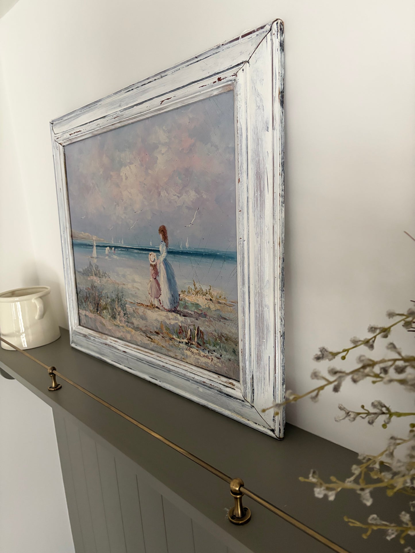 Sunlit Shoreline (c. late 20th century) Decorative Impressionistic Seascape in Distressed White Frame