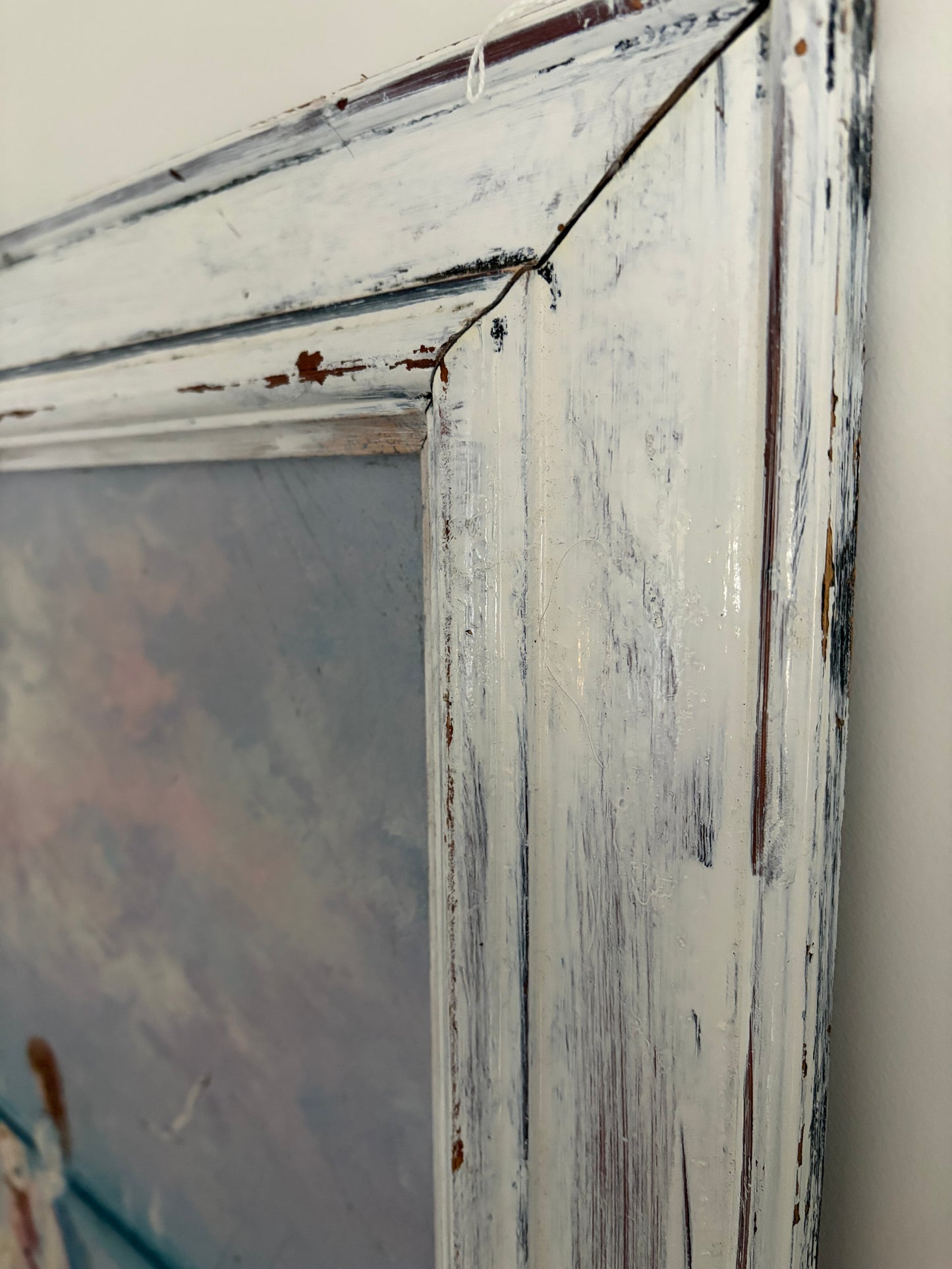 Sunlit Shoreline (c. late 20th century) Decorative Impressionistic Seascape in Distressed White Frame