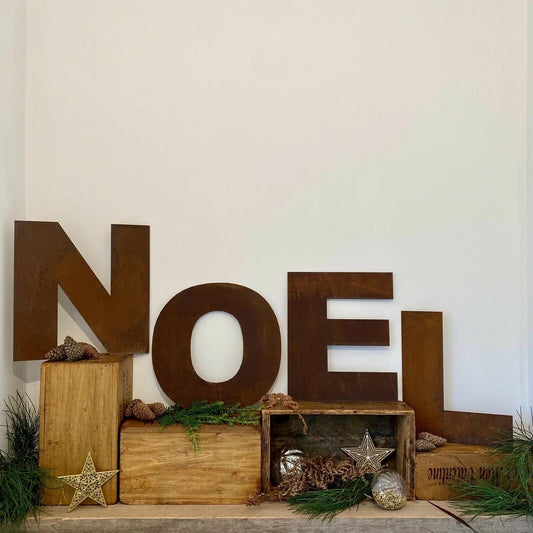 NOEL Christmas Mantle Decoration / Rusty 12" Tall Fat Font Metal Letters